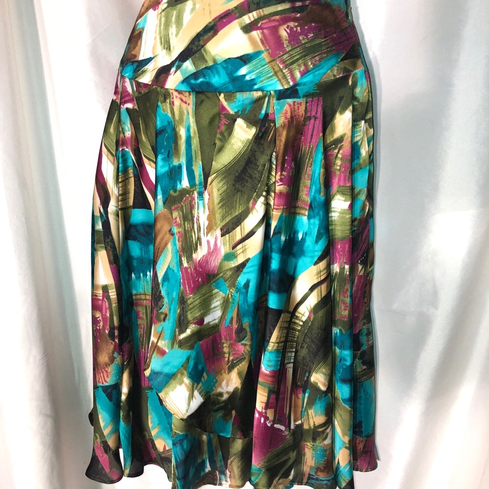 Drop waist, satin, faux wrap front panel, 14” across at waist, 24” long, sz 4